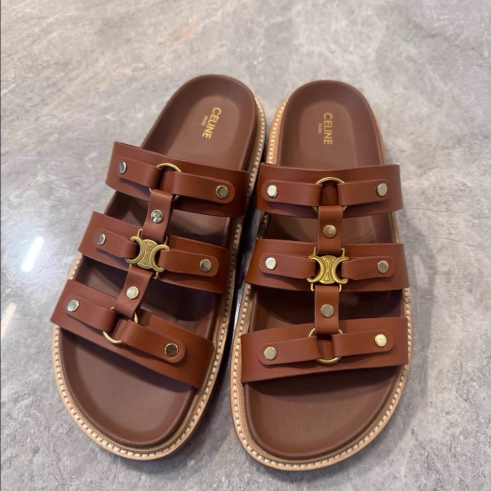 Celine Brown Leather Men's Slide Sandals